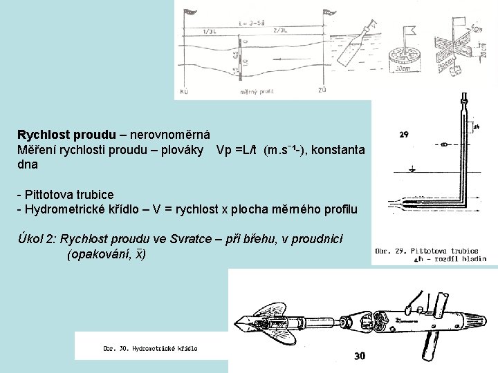 Rychlost proudu – nerovnoměrná Měření rychlosti proudu – plováky Vp =L/t (m. sˉ¹ ),