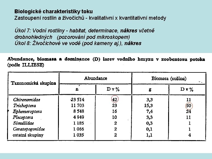 Biologické charakteristiky toku Zastoupení rostlin a živočichů kvalitativní x kvantitativní metody Úkol 7: Vodní