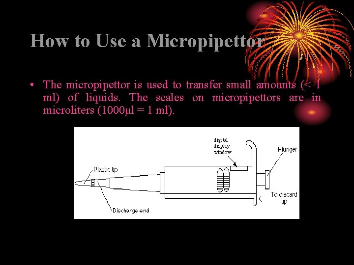 How to Use a Micropipettor • The micropipettor is used to transfer small amounts