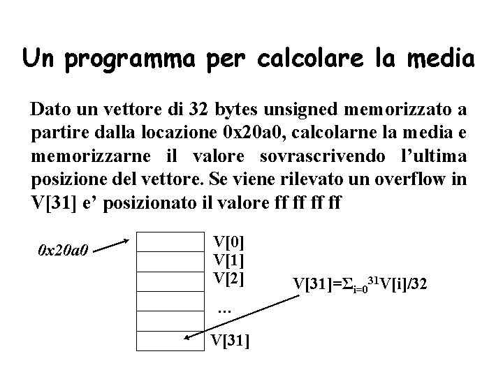 Un programma per calcolare la media Dato un vettore di 32 bytes unsigned memorizzato