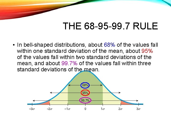 THE 68 -95 -99. 7 RULE • In bell-shaped distributions, about 68% of the