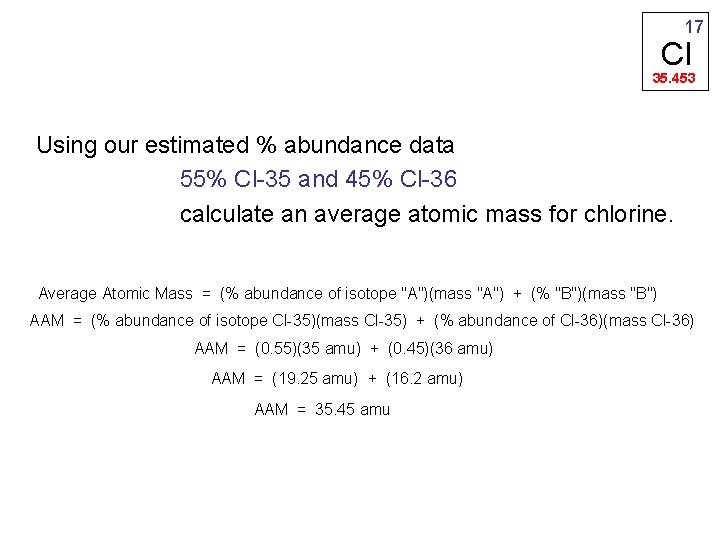 17 Cl 35. 453 Using our estimated % abundance data 55% Cl-35 and 45%