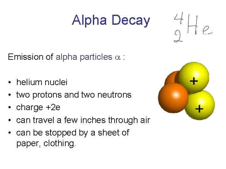 Alpha Decay Emission of alpha particles a : • • • helium nuclei two