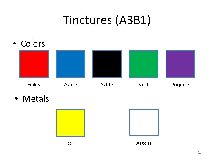 Tinctures (A 3 B 1) • Colors Gules Azure Sable Vert Purpure • Metals