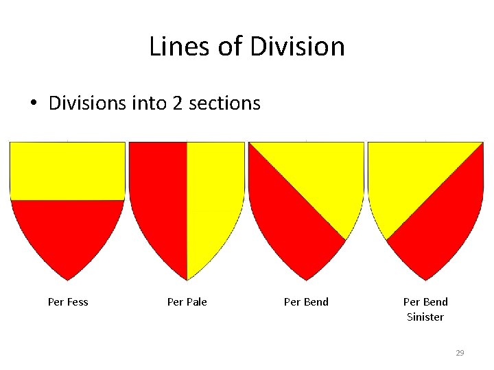 Lines of Division • Divisions into 2 sections Per Fess Per Pale Per Bend