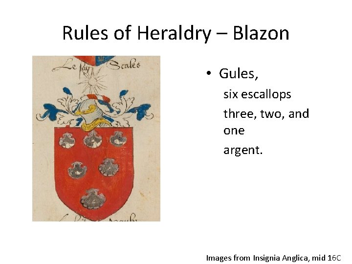 Rules of Heraldry – Blazon • Gules, six escallops three, two, and one argent.