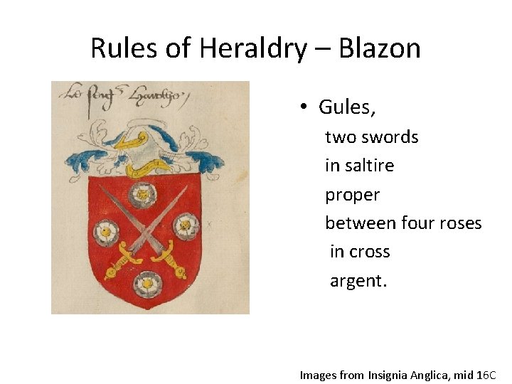 Rules of Heraldry – Blazon • Gules, two swords in saltire proper between four