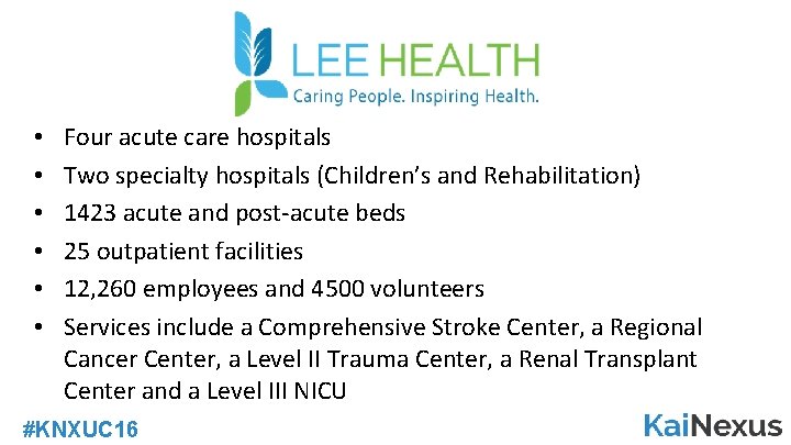  • • • Four acute care hospitals Two specialty hospitals (Children’s and Rehabilitation)