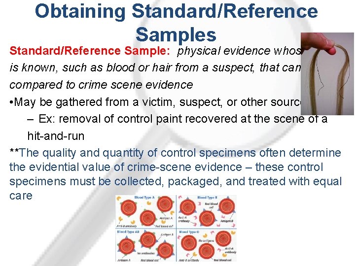 Obtaining Standard/Reference Samples Standard/Reference Sample: physical evidence whose origin is known, such as blood Obtaining Standard/Reference Samples Standard/Reference Sample: physical evidence whose origin is known, such as blood