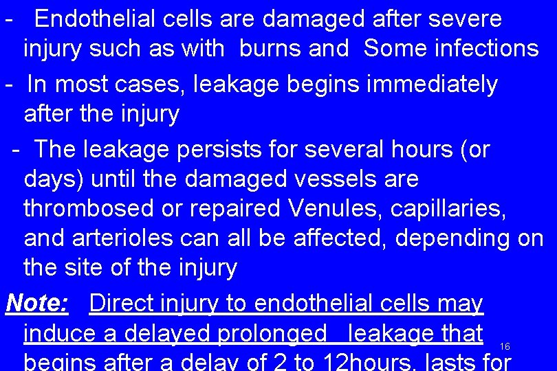 - Endothelial cells are damaged after severe injury such as with burns and Some