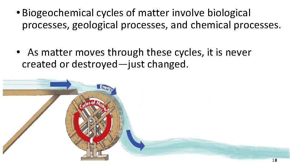  • Biogeochemical cycles of matter involve biological processes, geological processes, and chemical processes.