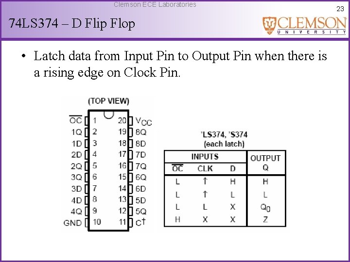 Clemson ECE Laboratories 74 LS 374 – D Flip Flop • Latch data from