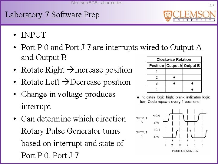 Clemson ECE Laboratories Laboratory 7 Software Prep • INPUT • Port P 0 and