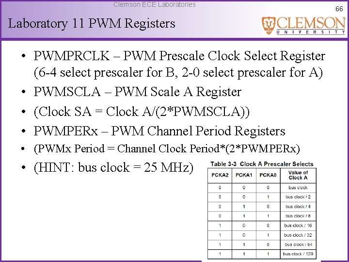 Clemson ECE Laboratories Laboratory 11 PWM Registers • PWMPRCLK – PWM Prescale Clock Select
