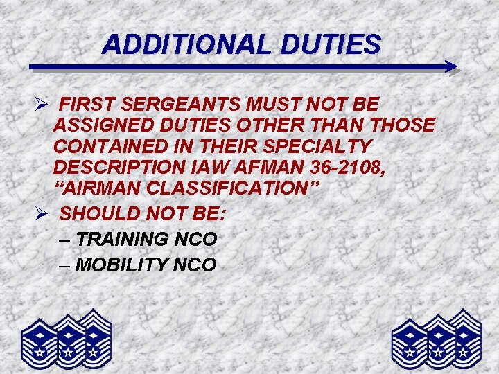 ADDITIONAL DUTIES Ø FIRST SERGEANTS MUST NOT BE ASSIGNED DUTIES OTHER THAN THOSE CONTAINED