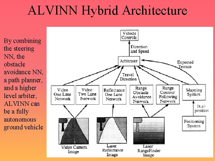 ALVINN Hybrid Architecture By combining the steering NN, the obstacle avoidance NN, a path