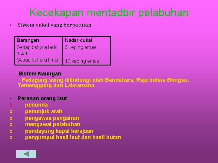 Kecekapan mentadbir pelabuhan • Sistem cukai yang berpatutan Barangan Kadar cukai Setiap bahara lada