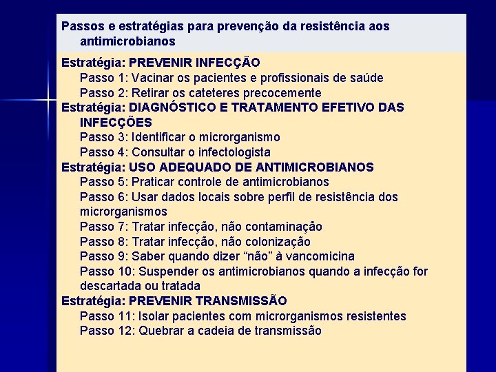 Passos e estratégias para prevenção da resistência aos antimicrobianos Estratégia: PREVENIR INFECÇÃO Passo 1: