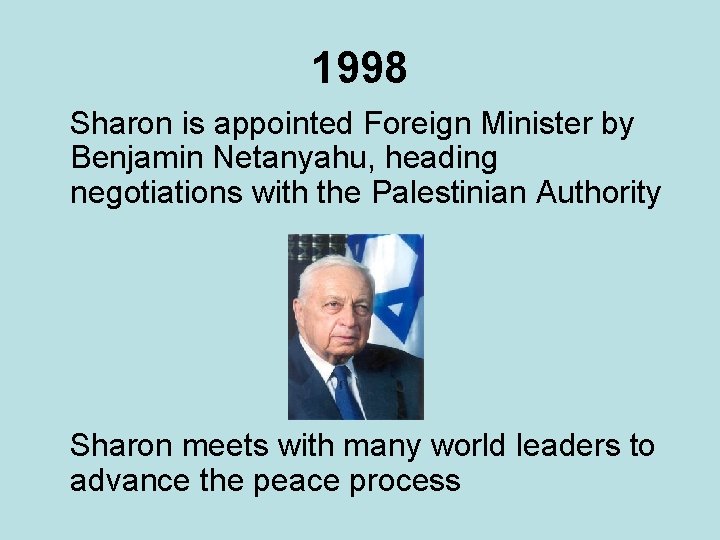 1998 Sharon is appointed Foreign Minister by Benjamin Netanyahu, heading negotiations with the Palestinian