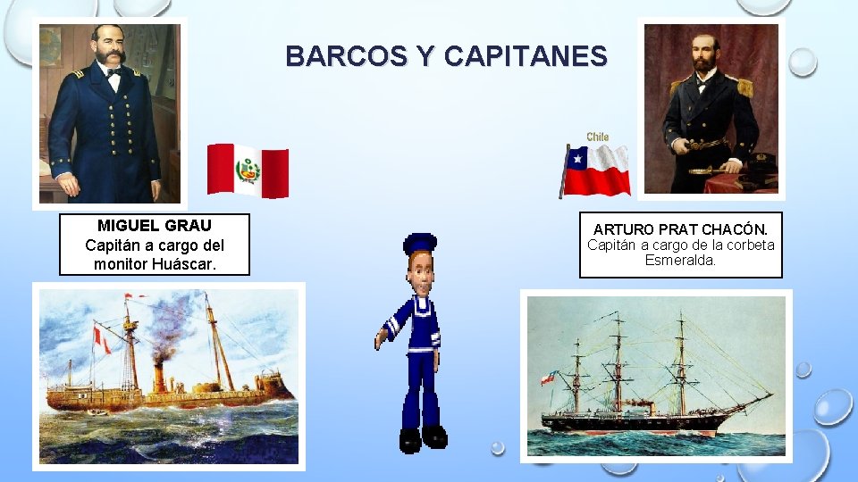 BARCOS Y CAPITANES MIGUEL GRAU Capitán a cargo del monitor Huáscar. ARTURO PRAT CHACÓN.