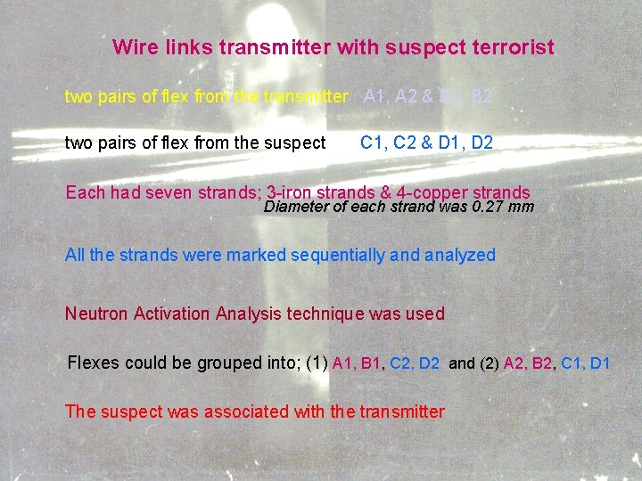 Wire links transmitter with suspect terrorist two pairs of flex from the transmitter A