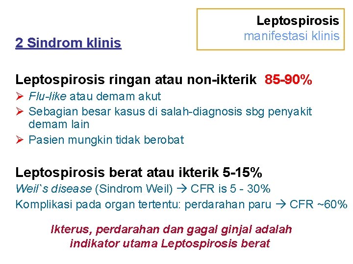 2 Sindrom klinis Leptospirosis manifestasi klinis Leptospirosis ringan atau non-ikterik 85 -90% Ø Flu-like