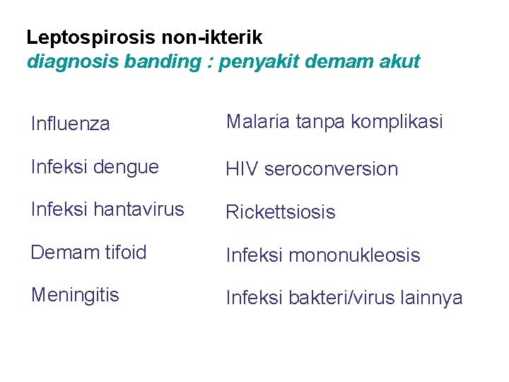 Leptospirosis non-ikterik diagnosis banding : penyakit demam akut Influenza Malaria tanpa komplikasi Infeksi dengue