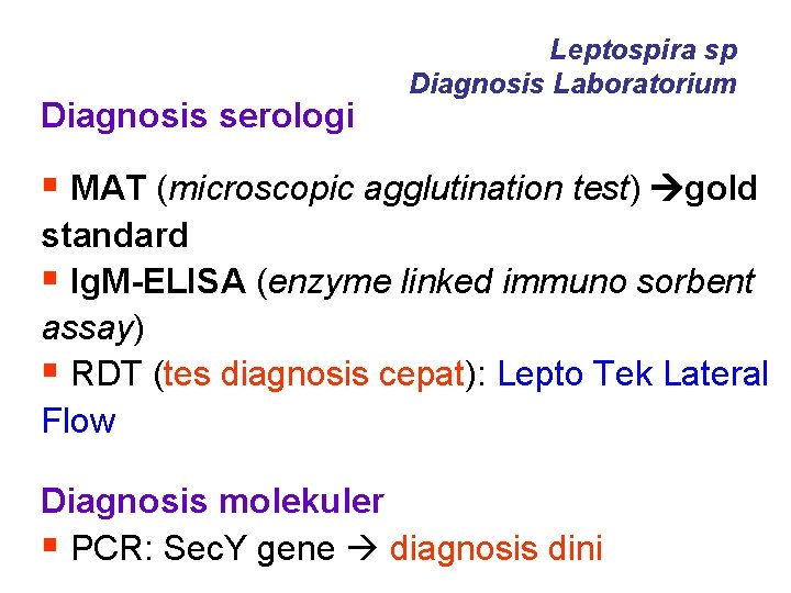 Diagnosis serologi Leptospira sp Diagnosis Laboratorium § MAT (microscopic agglutination test) gold standard §
