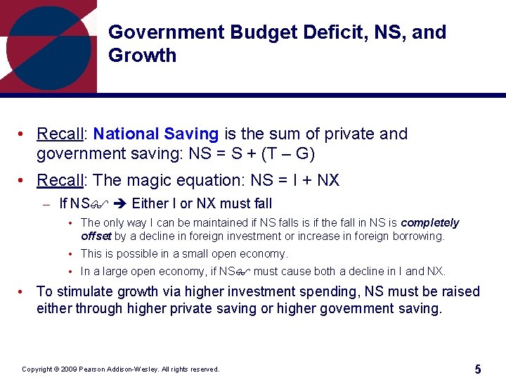 Government Budget Deficit, NS, and Growth • Recall: National Saving is the sum of