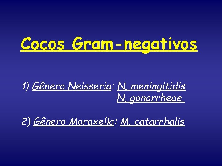 Cocos Gram-negativos 1) Gênero Neisseria: N. meningitidis N. gonorrheae 2) Gênero Moraxella: M. catarrhalis