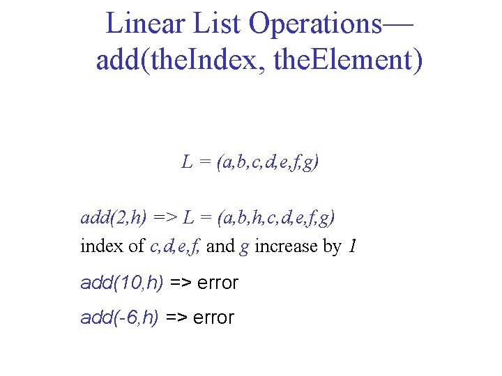 Linear List Operations— add(the. Index, the. Element) L = (a, b, c, d, e,