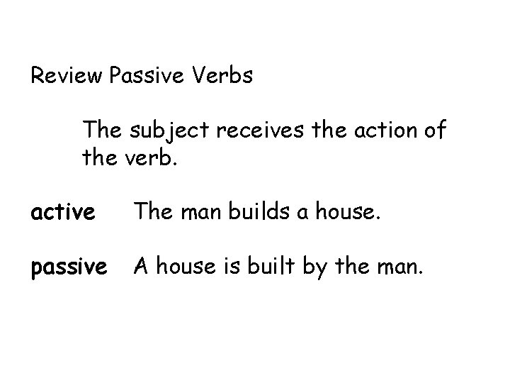 Review Passive Verbs The subject receives the action of the verb. active The man