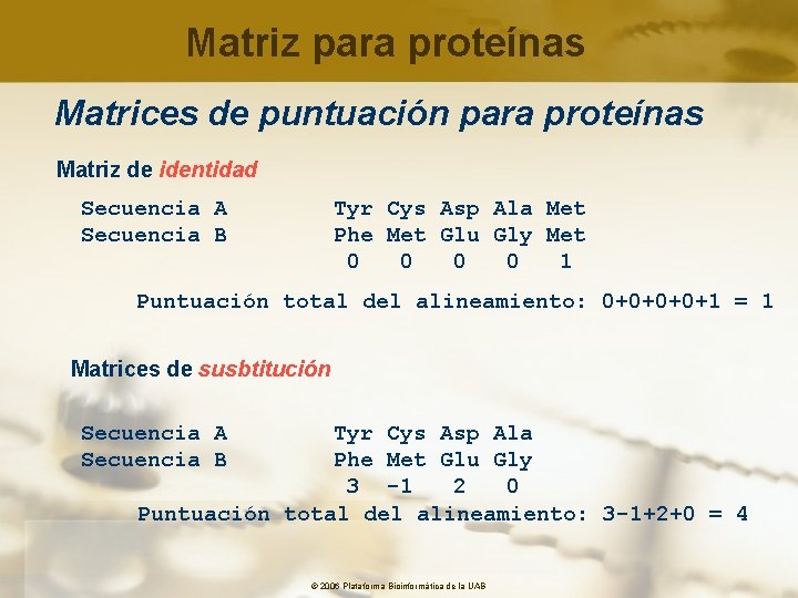 Matriz para proteínas Matrices de puntuación para proteínas Matriz de identidad Secuencia A Tyr