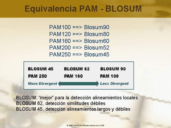 Equivalencia PAM - BLOSUM PAM 100 ==> Blosum 90 PAM 120 ==> Blosum 80