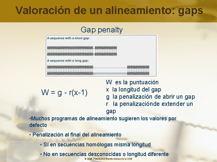 Valoración de un alineamiento: gaps Gap penalty W = g - r(x-1) W es