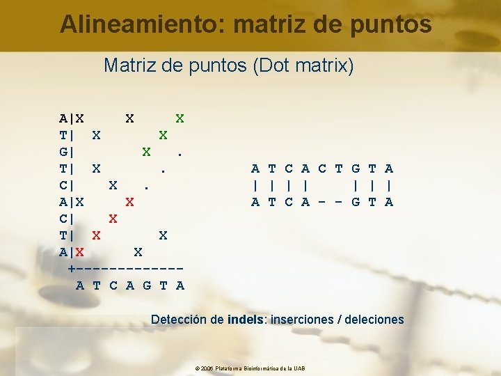 Alineamiento: matriz de puntos Matriz de puntos (Dot matrix) A|X X X T| X