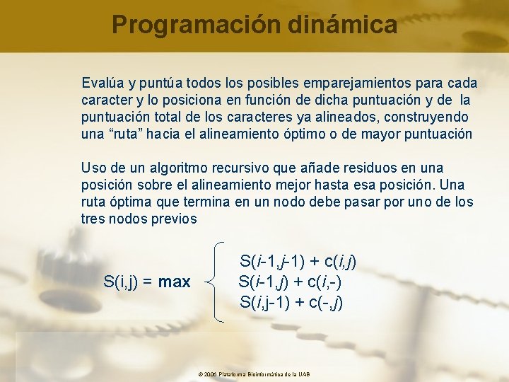 Programación dinámica Evalúa y puntúa todos los posibles emparejamientos para cada caracter y lo