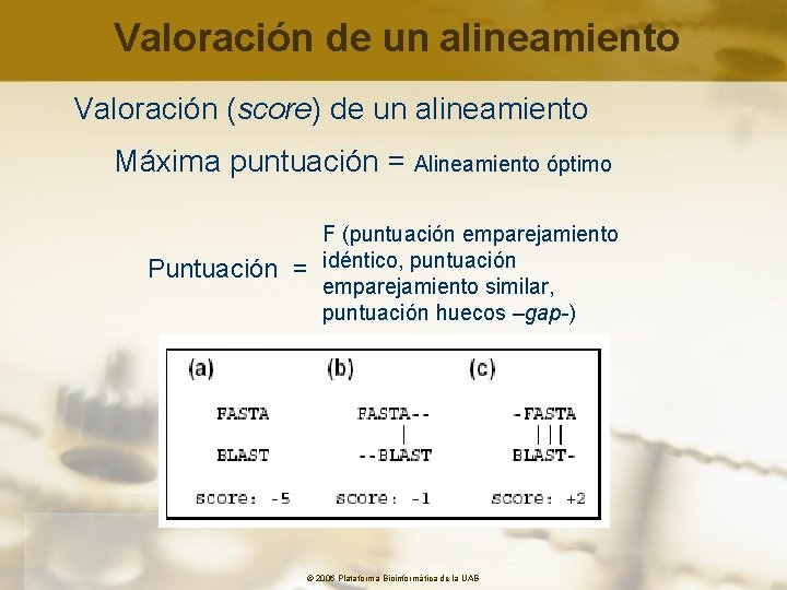 Valoración de un alineamiento Valoración (score) de un alineamiento Máxima puntuación = Alineamiento óptimo