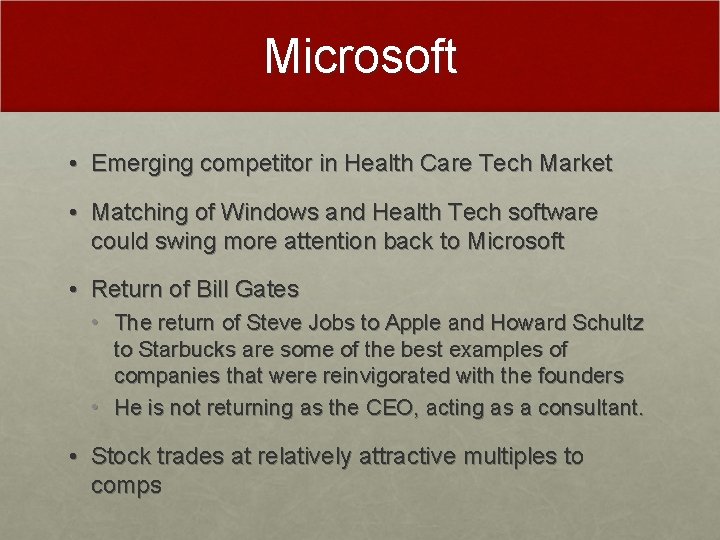 Microsoft • Emerging competitor in Health Care Tech Market • Matching of Windows and