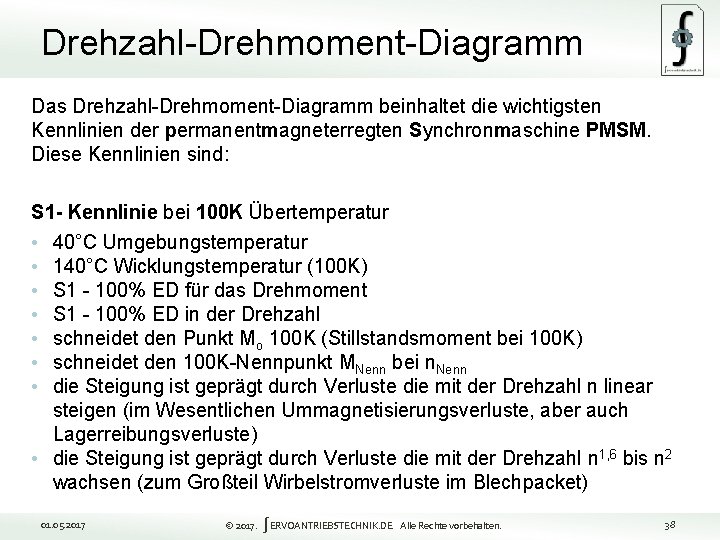 Drehzahl-Drehmoment-Diagramm Das Drehzahl-Drehmoment-Diagramm beinhaltet die wichtigsten Kennlinien der permanentmagneterregten Synchronmaschine PMSM. Diese Kennlinien sind: