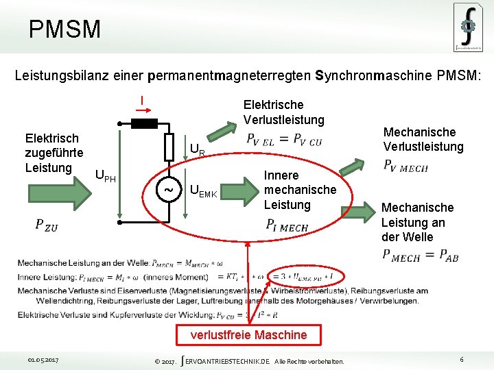 PMSM Leistungsbilanz einer permanentmagneterregten Synchronmaschine PMSM: I Elektrisch zugeführte Leistung Elektrische Verlustleistung UR UPH