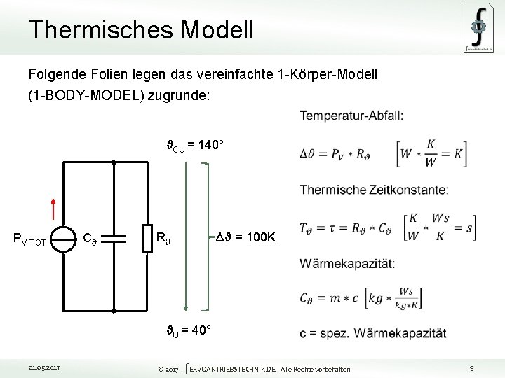 Thermisches Modell Folgende Folien legen das vereinfachte 1 -Körper-Modell (1 -BODY-MODEL) zugrunde: ϑCU =