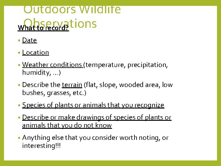 Outdoors Wildlife Observations What to record? • Date • Location • Weather conditions (temperature,