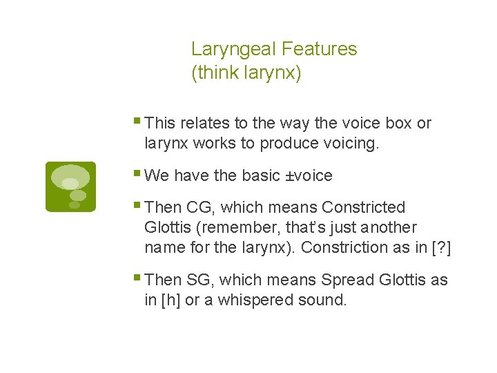 Laryngeal Features (think larynx) § This relates to the way the voice box or