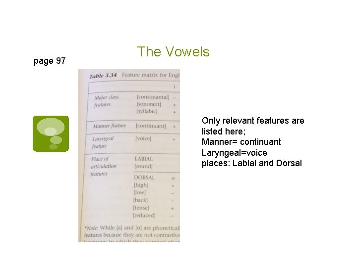 page 97 The Vowels Only relevant features are listed here; Manner= continuant Laryngeal=voice places: