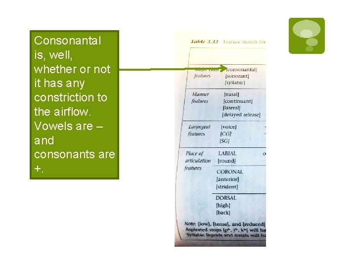 Consonantal is, well, whether or not it has any constriction to the airflow. Vowels