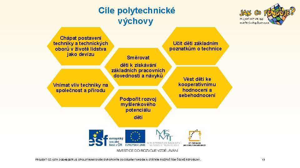  Cíle polytechnické výchovy Chápat postavení techniky a technických oborů v životě lidstva jako