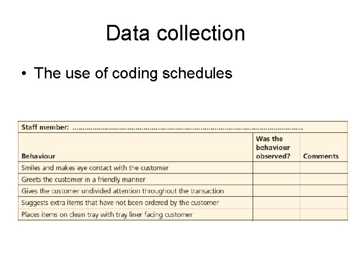 Data collection • The use of coding schedules Data collection • The use of coding schedules