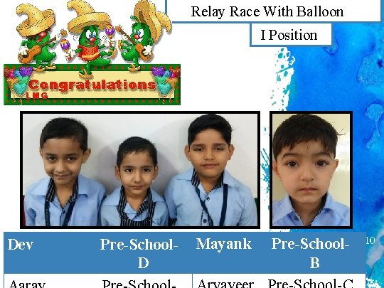 Relay Race With Balloon (Boys) I Position Dev Pre-School. D Mayank Pre-School. B 10 Relay Race With Balloon (Boys) I Position Dev Pre-School. D Mayank Pre-School. B 10