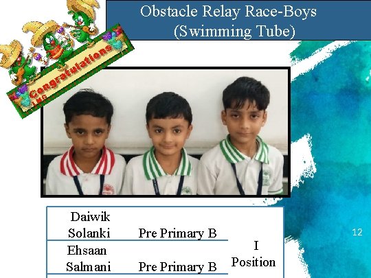 Obstacle Relay Race-Boys (Swimming Tube) Daiwik Solanki Ehsaan Salmani Pre Primary B I Position